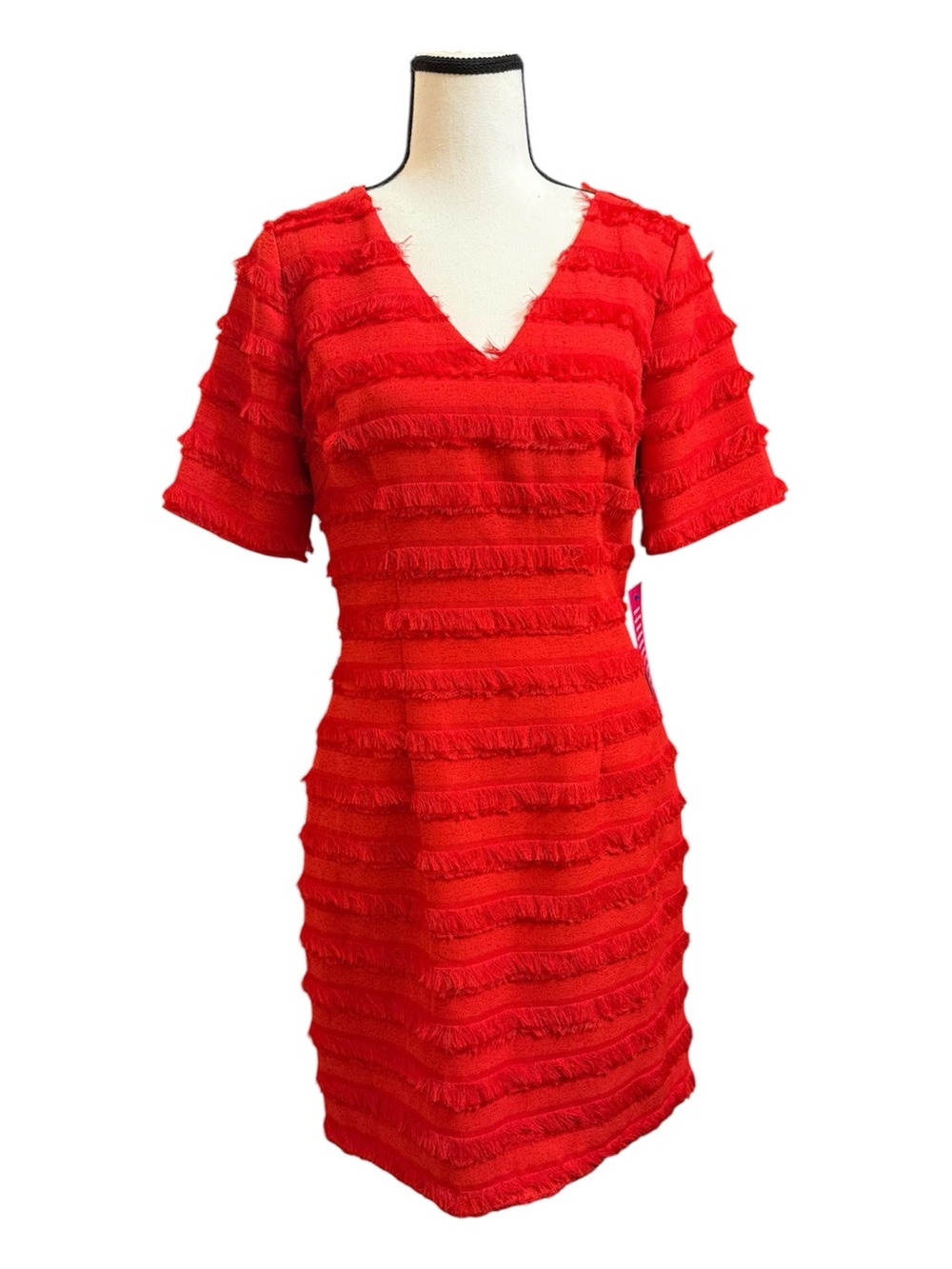 Belle Badgley Mischka | Red V-Neck Fringe Thread Mini Dress